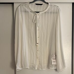 NWT Zara Sheer White Blouse with Tie Neck & Gold buttons